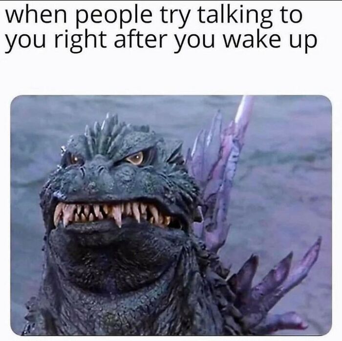 Grumpy creature meme illustrates sarcasm as post-awakening interactions evoke a fierce, monstrous expression.
