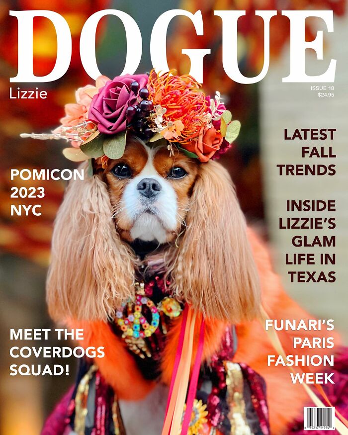 Dogue magazine cover featuring a dog with floral headpiece and colorful outfit, showcasing dog fashion trends.