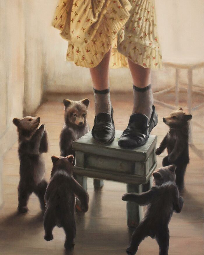 Anthropomorphic artwork of bear cubs surrounding a person standing on a stool, wearing black shoes and a yellow dress.
