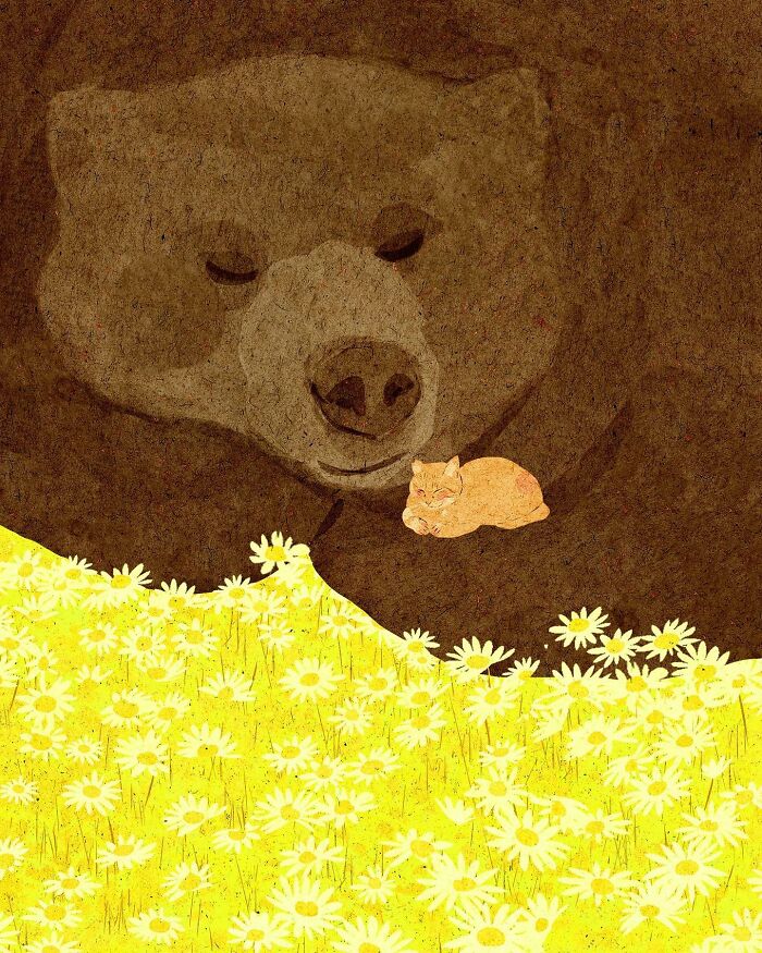 Illustration of a cat sleeping next to a bear in a field of yellow flowers, evoking solitude and serenity.