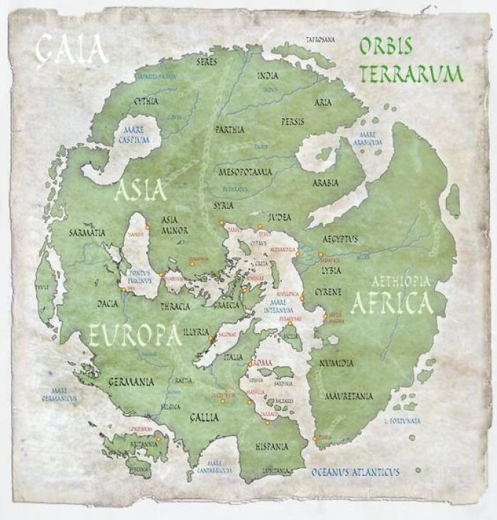 Ancient world map showcasing continents Europa, Asia, and Africa, revealing historical insights.