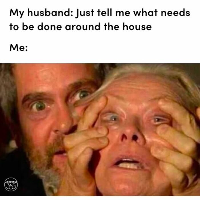 Couple with wide eyes in humorous meme about household tasks, capturing the chaos of parenting.