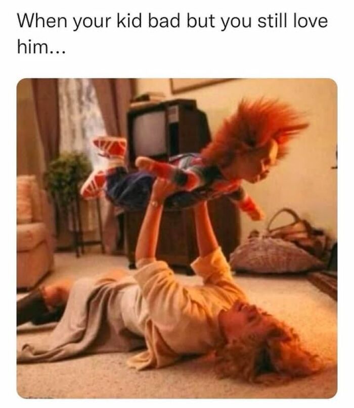 Child being playfully lifted in a living room, capturing a humorous parenting meme.