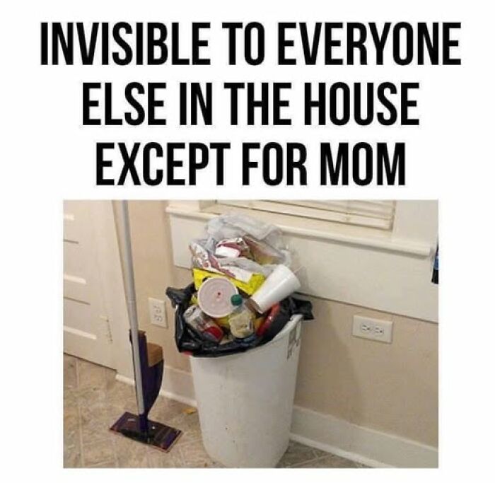 Overflowing trash can with text "Invisible to everyone else in the house except for mom," highlighting parenting memes humor.