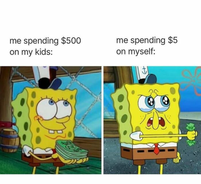SpongeBob meme about parenting, showing spending differences on kids versus oneself with humorous expressions.