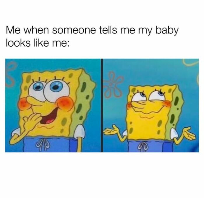 SpongeBob meme showing a funny reaction to someone's comment about a baby's resemblance to the parent.