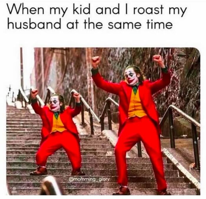 Two people dressed as clowns, mimicking a famous movie scene, illustrating a humorous parenting meme.