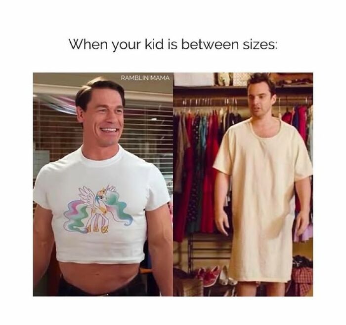 Two humorous men's outfits illustrate parenting memes about kids' clothing sizes.