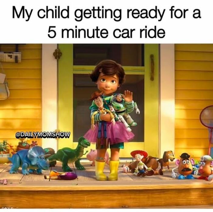 Child in rain boots holding toys, surrounded by more toys, humorously illustrating the challenges of parenting.