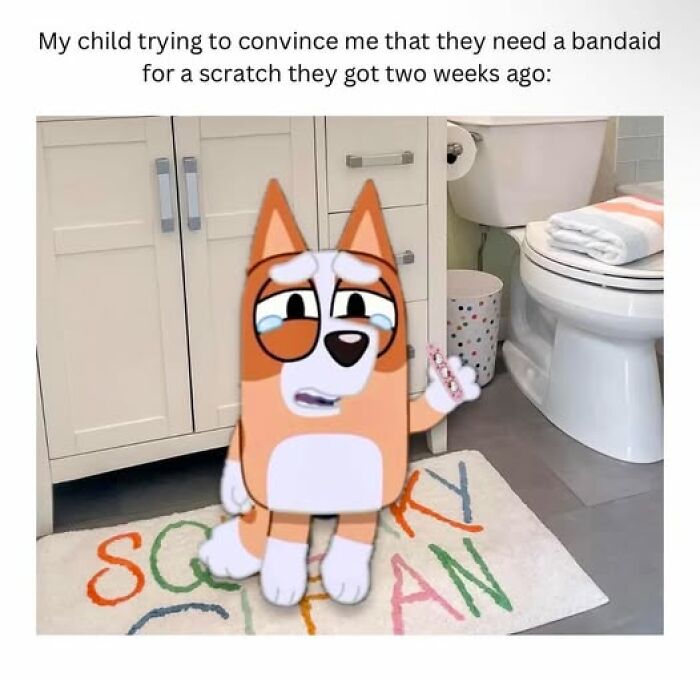 Cartoon dog holding a bandage in a bathroom, illustrating humorous parenting meme.