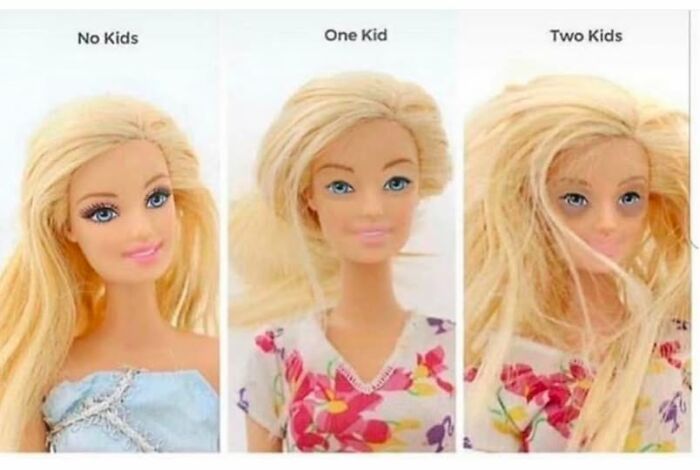 Three Barbie dolls humorously depict parenting stages: no kids, one kid, and two kids, showcasing different hairstyles.
