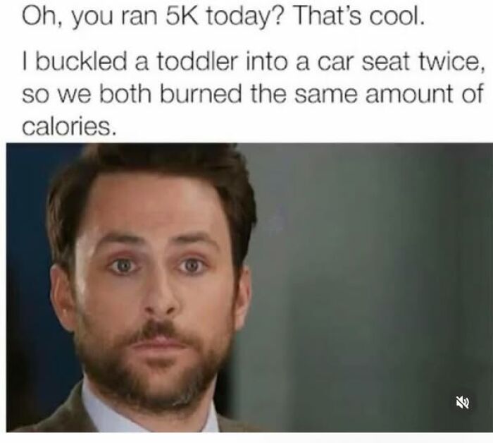 Man reacting to a parenting meme comparing marathon running to buckling a toddler into a car seat, highlighting parental humor.