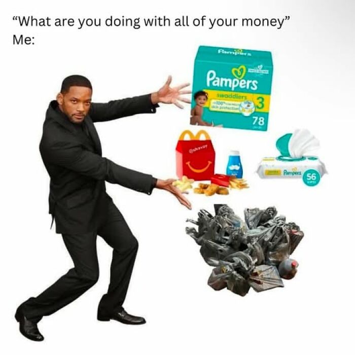 Person gesturing toward baby items and fast food bags humorously depicting parenting expenses.