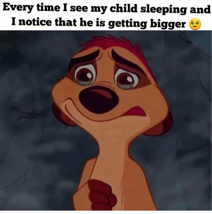 Cartoon character looking concerned, illustrating the bittersweet feeling of watching a child grow in parenting memes.
