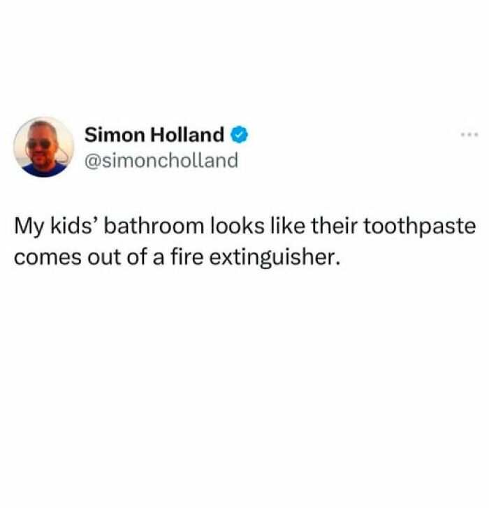 Funny tweet about kids’ bathroom resembling a toothpaste explosion.