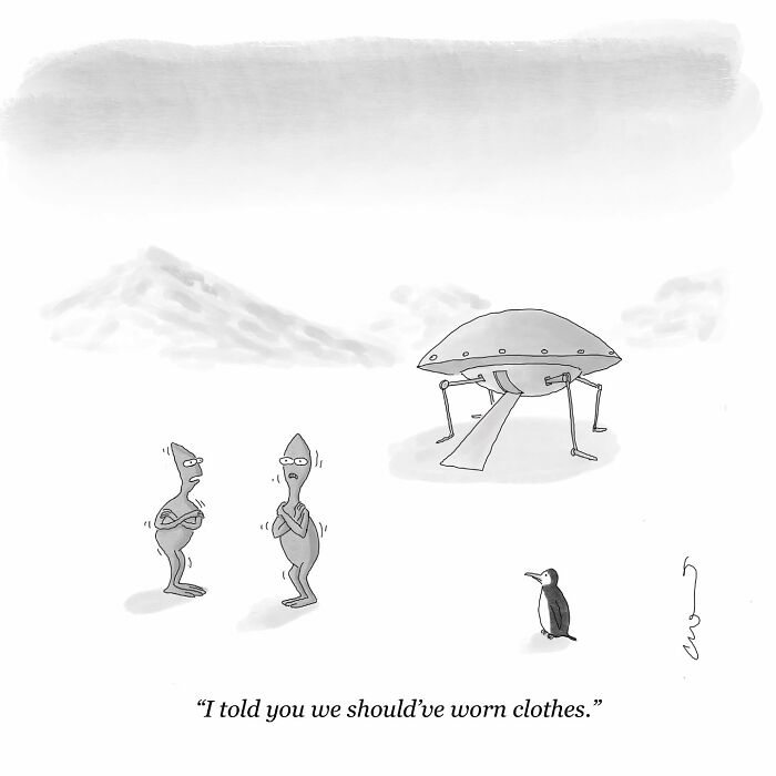 Aliens standing shivering beside a UFO, penguin nearby, captioned with a humorous remark on clothing in a comic setting.