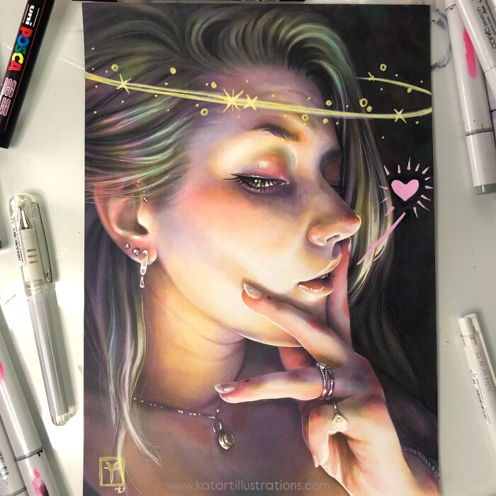 Ethereal illustration by Katrina Young, featuring a dreamy woman with a halo of stars, painted with vibrant colors.