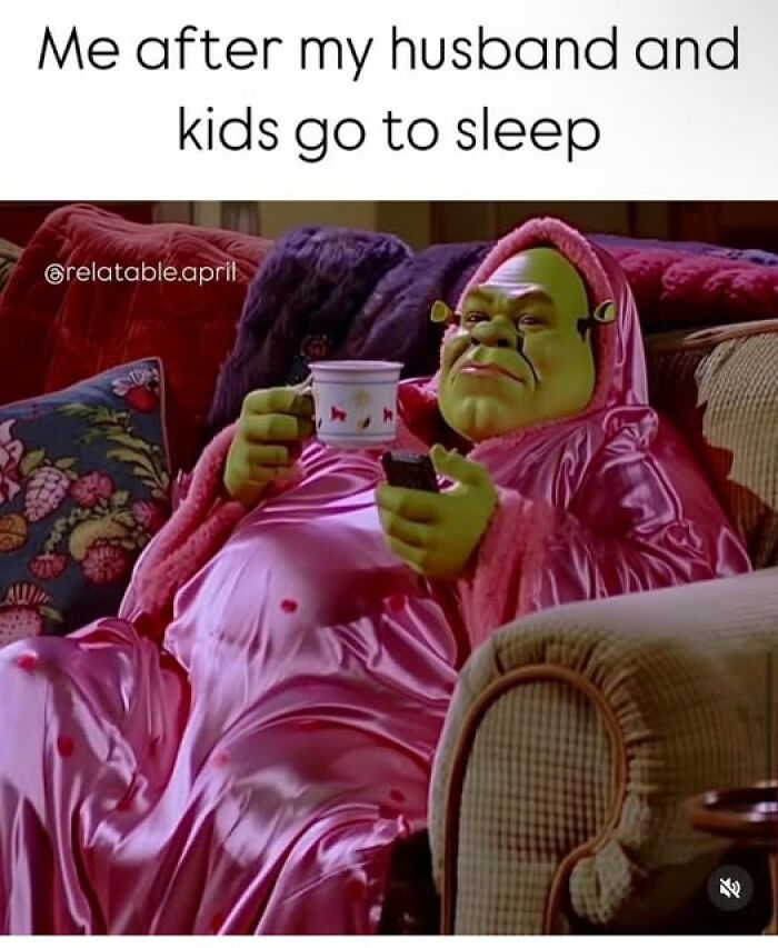 Shrek dressed in pink robe relaxing with a mug and phone on the couch, reflecting parenting meme humor.