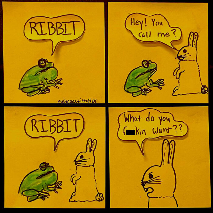 Frog says "RIBBIT" to a rabbit, causing a frustrated response in a funny comic panel.