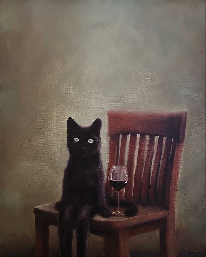 Anthropomorphic artwork: Black cat sitting on a chair with a glass of wine.
