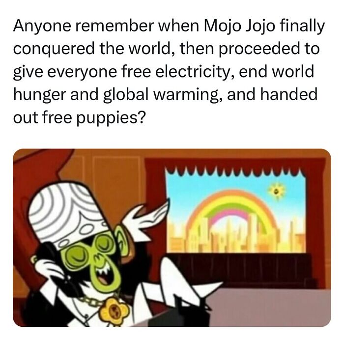 Mojo Jojo from old cartoons planning world domination with a colorful cityscape in the background.