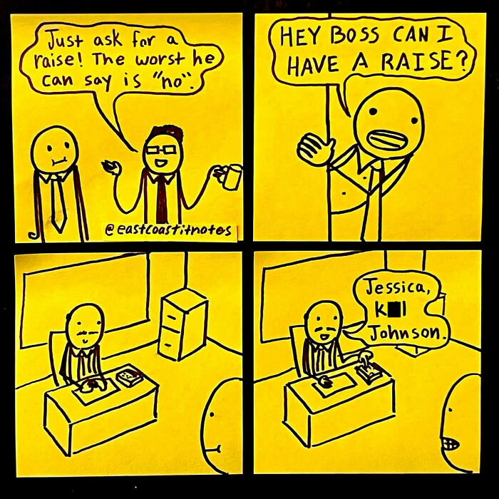 Funny comic about asking for a raise. Boss reacts by looking through files. Humorous office scenario.