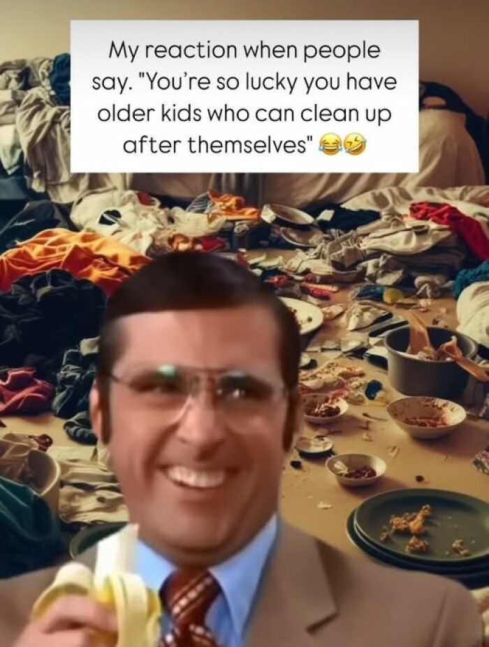Laughing reaction meme about parenting, with a messy background of clothes and dishes highlighting the chaos of parenting life.