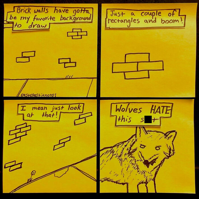 Funny comic by artist: Brick drawing humor with a wolf reacting to simple rectangles as bricks.