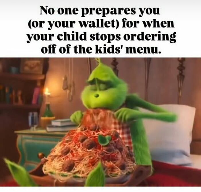 Green character with a huge plate of spaghetti, humorously illustrating parenting meme about kids' menu transition.