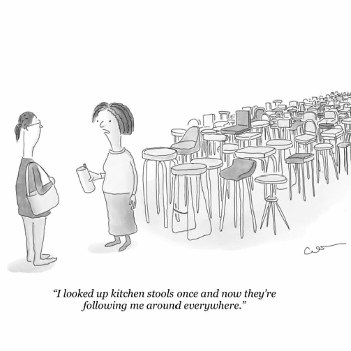 Cartoon of a woman discussing kitchen stools surrounding her, illustrating how everyday moments inspire hilarious comics.