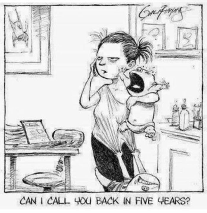 Mom holding a crying baby, overwhelmed on the phone, with the caption "Can I call you back in five years?" in a parenting meme.