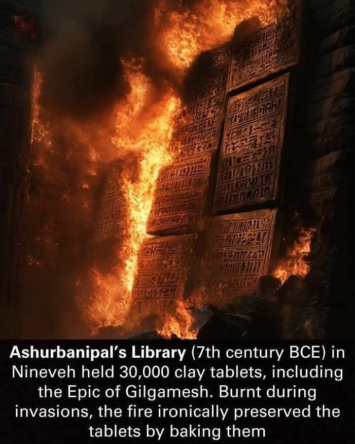 Ancient clay tablets from Ashurbanipal’s Library preserved by fire, depicting scripts amidst flames.