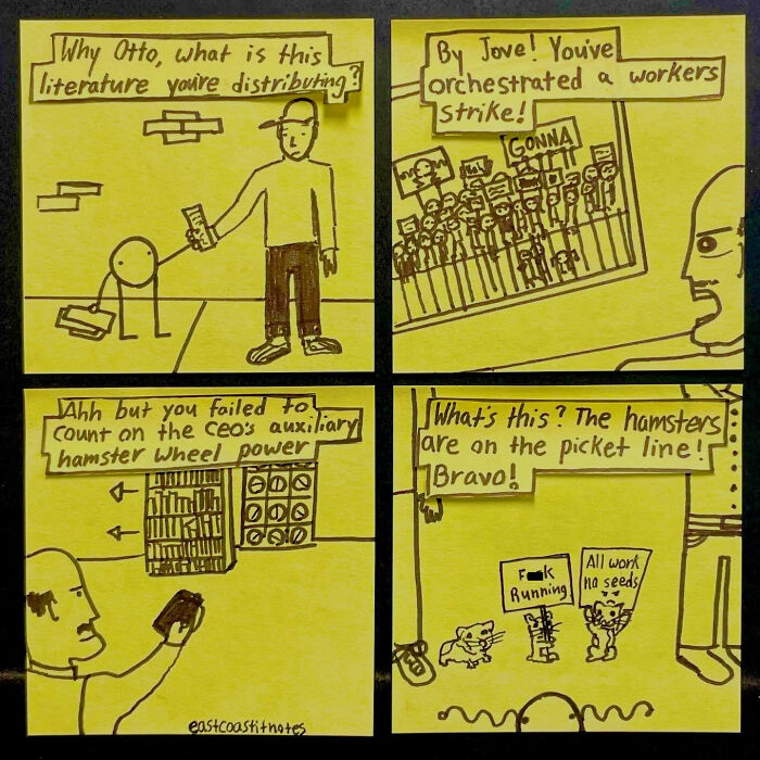 Comic strip by an artist, featuring a humorous scene with characters discussing a hamster strike on sticky notes.
