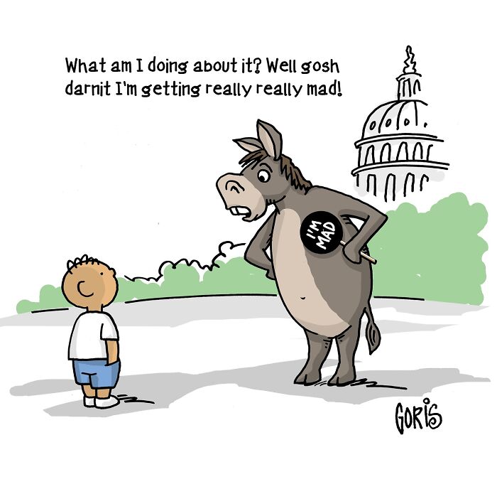 Cartoon by artist featuring an angry donkey talking to a child, set in front of a government building.