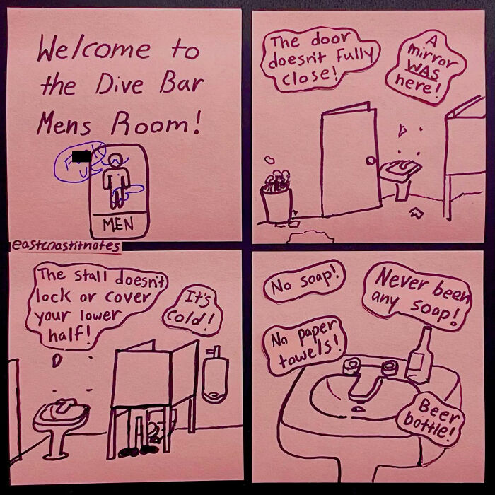 Funny comic about a dive bar men's room with door issues, missing mirror, and no soap or paper towels.