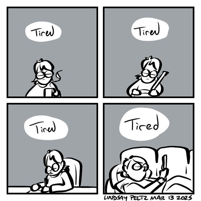 Comic of a character feeling tired in various daily activities, capturing life's struggles.