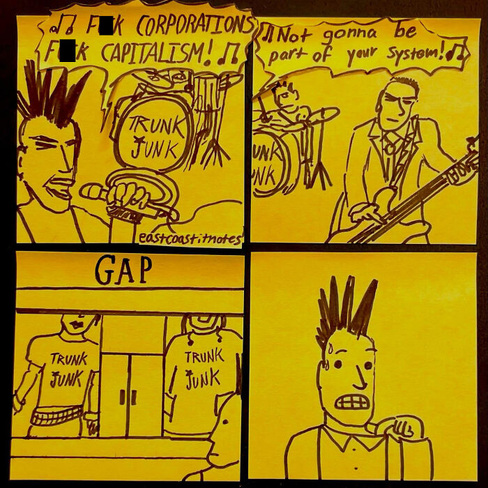 Artist comic with punk band rebelling, then shown shopping at GAP, humorously unpredictable.