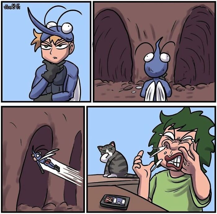 Comic by Jod_8riew showing a funny insect character surprising a person while a cat looks on.