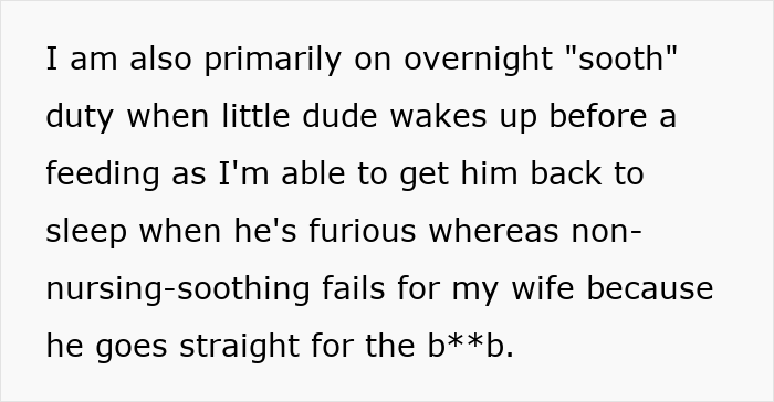 Text description discussing overnight duties and baby's preference for nursing over wife's soothing.