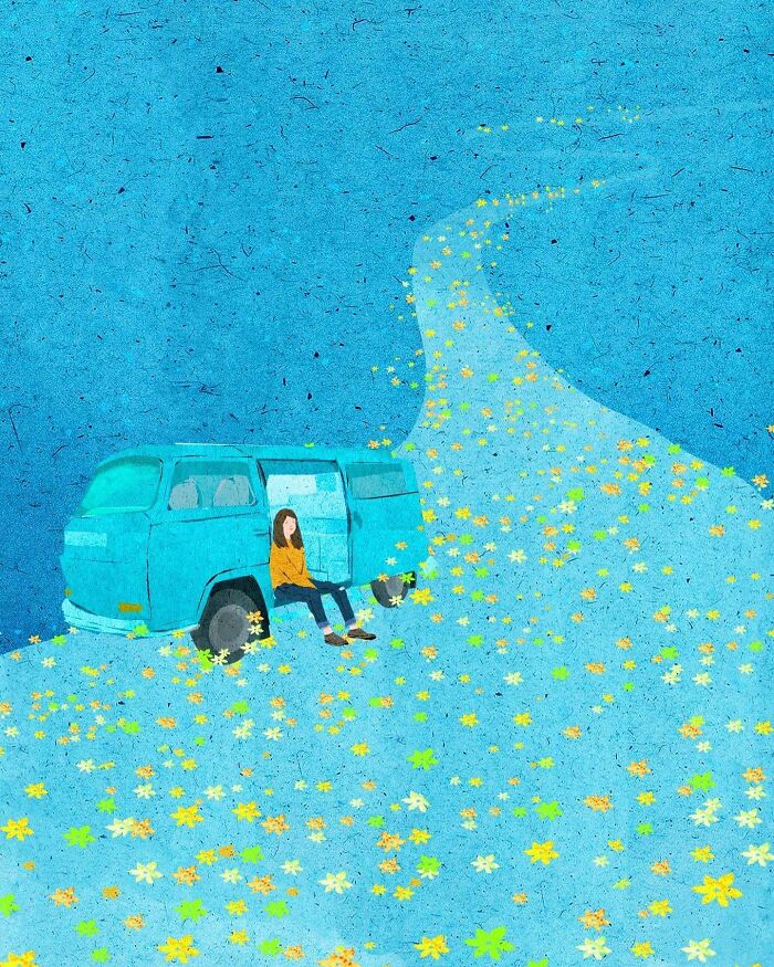 Vietnamese artist's serene illustration of a person sitting by a van on a flower-covered path.