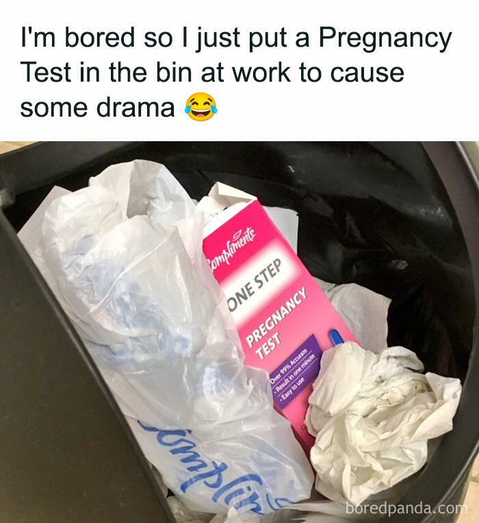 Pregnancy test in work bin, humorously labeled for creating workplace drama, highlighting "work dungeon" vibes.