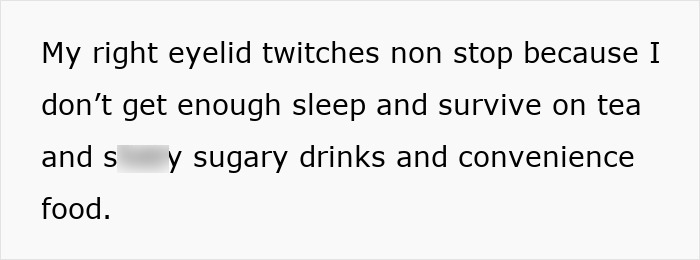 Text expressing a mom of 3's sleep deprivation and reliance on convenience food and sugary drinks.