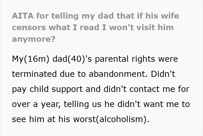 Stepmom Tries To Censor What 16YO Reads, He Decides Not To Visit His Dad Anymore