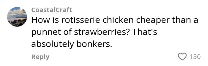 Comment by CoastalCraft about grocery prices in the US, questioning chicken being cheaper than strawberries.
