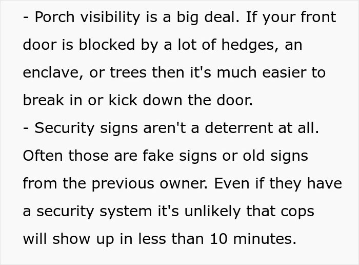 Text from ex-burglars giving home protection advice, including porch visibility and ineffective security signs. Text from ex-burglars giving home protection advice, including porch visibility and ineffective security signs.