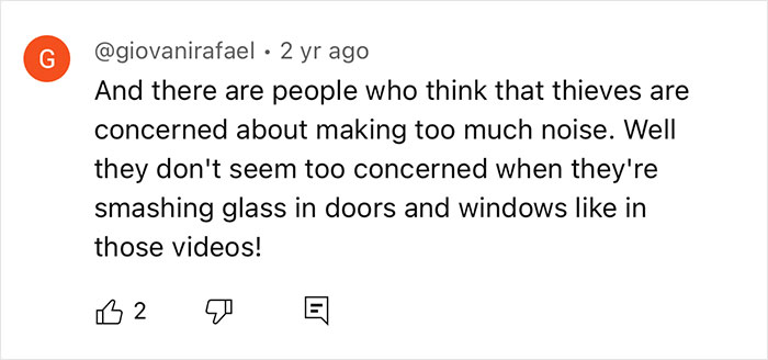 A comment discussing burglars and glass-smashing noise in home protection tips. A comment discussing burglars and glass-smashing noise in home protection tips.