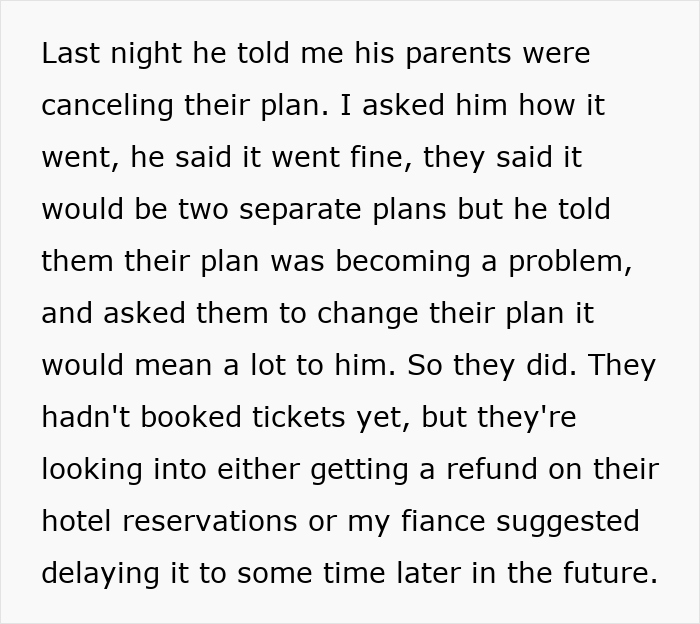 Text about the bride-to-be's fianc&eacute; resolving a honeymoon conflict with his parents.