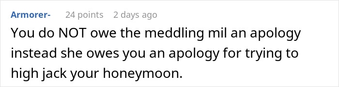 Comment about in-laws planning to vacation at the honeymoon spot, mentioning an apology.