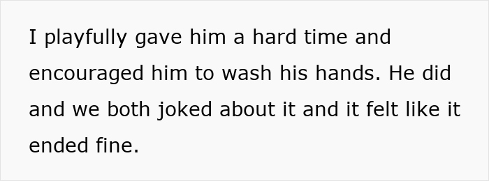 Text about giving a hard time to a grown man and joking about hand washing, related to OCD sensitivity.