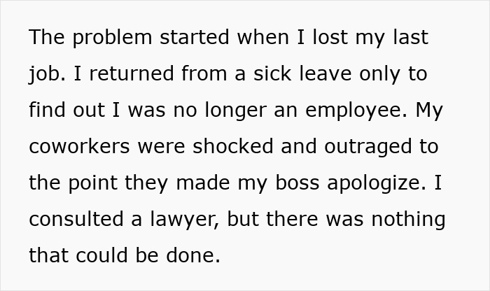 Text describing job loss and coworkers' response, capturing a story of shattered dreams.